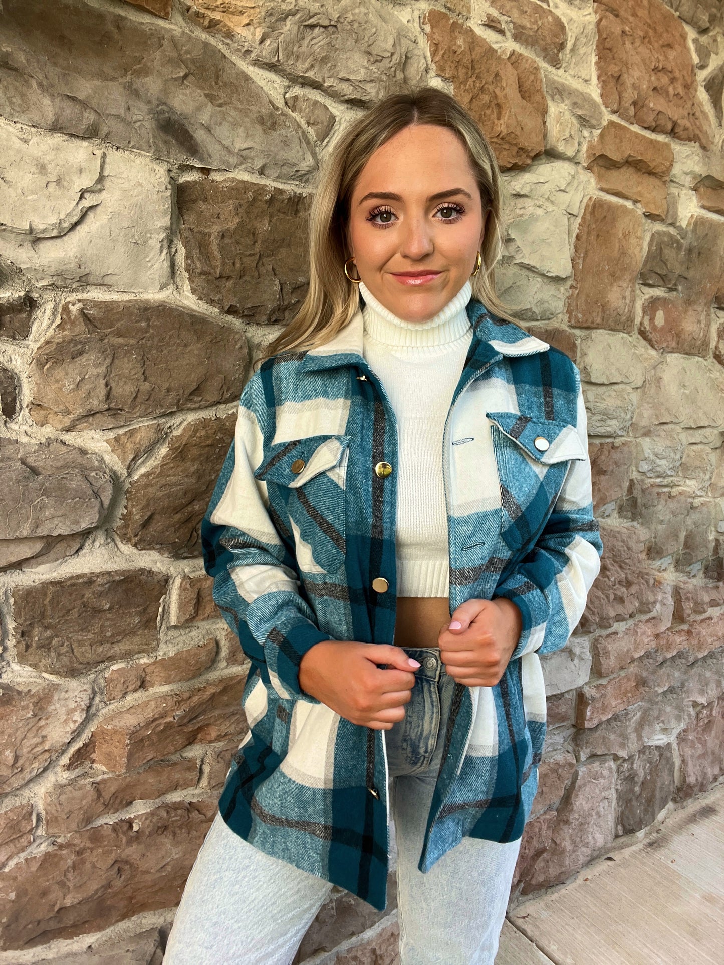 Kenize Plaid Shacket-Teal