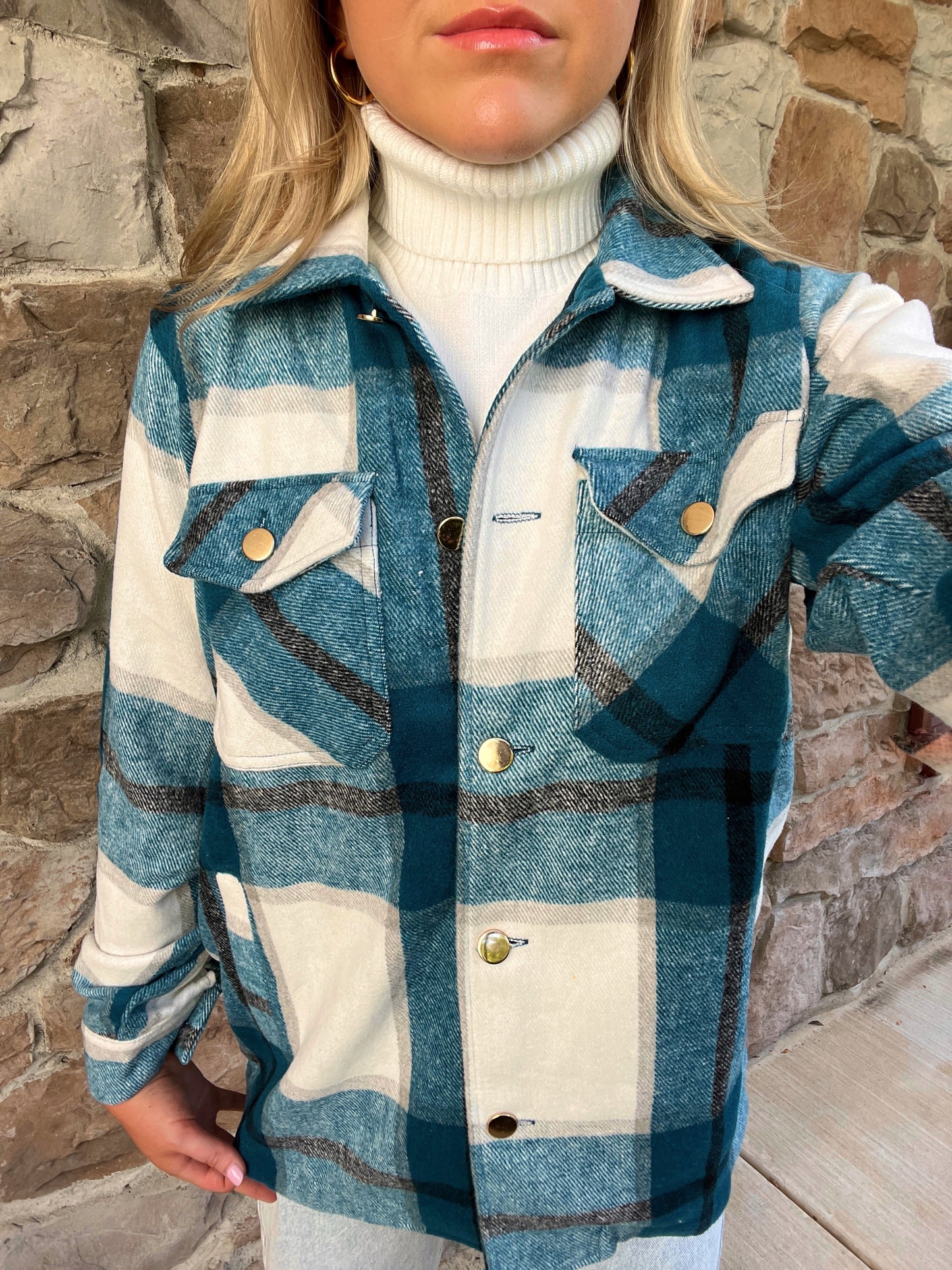 Kenize Plaid Shacket-Teal