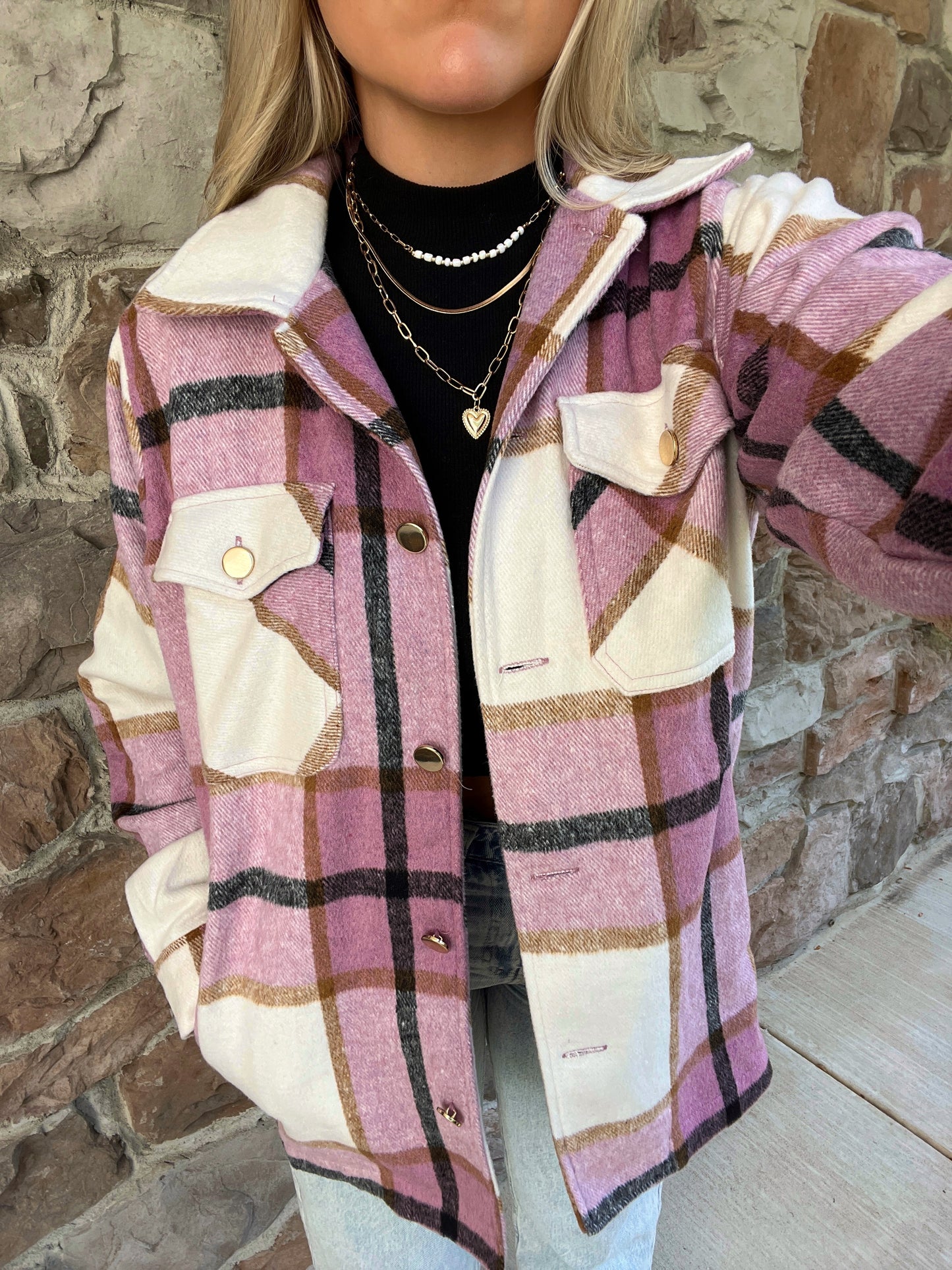 Kenize Plaid Shacket-Pink