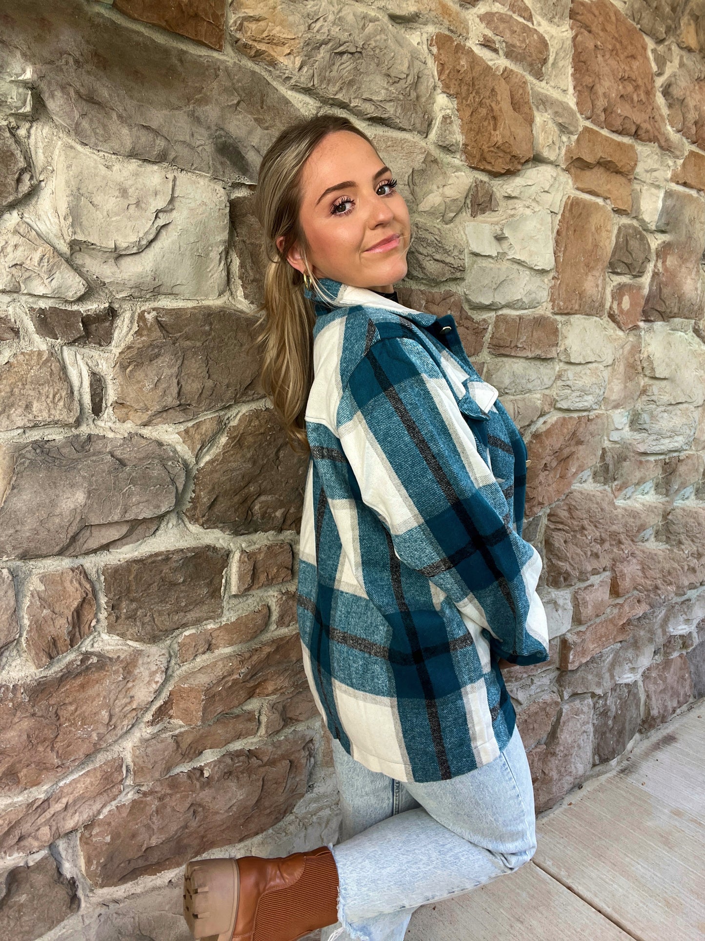 Kenize Plaid Shacket-Teal