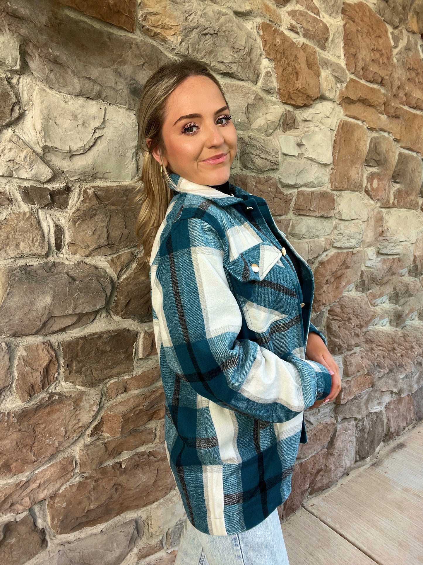 Kenize Plaid Shacket-Teal