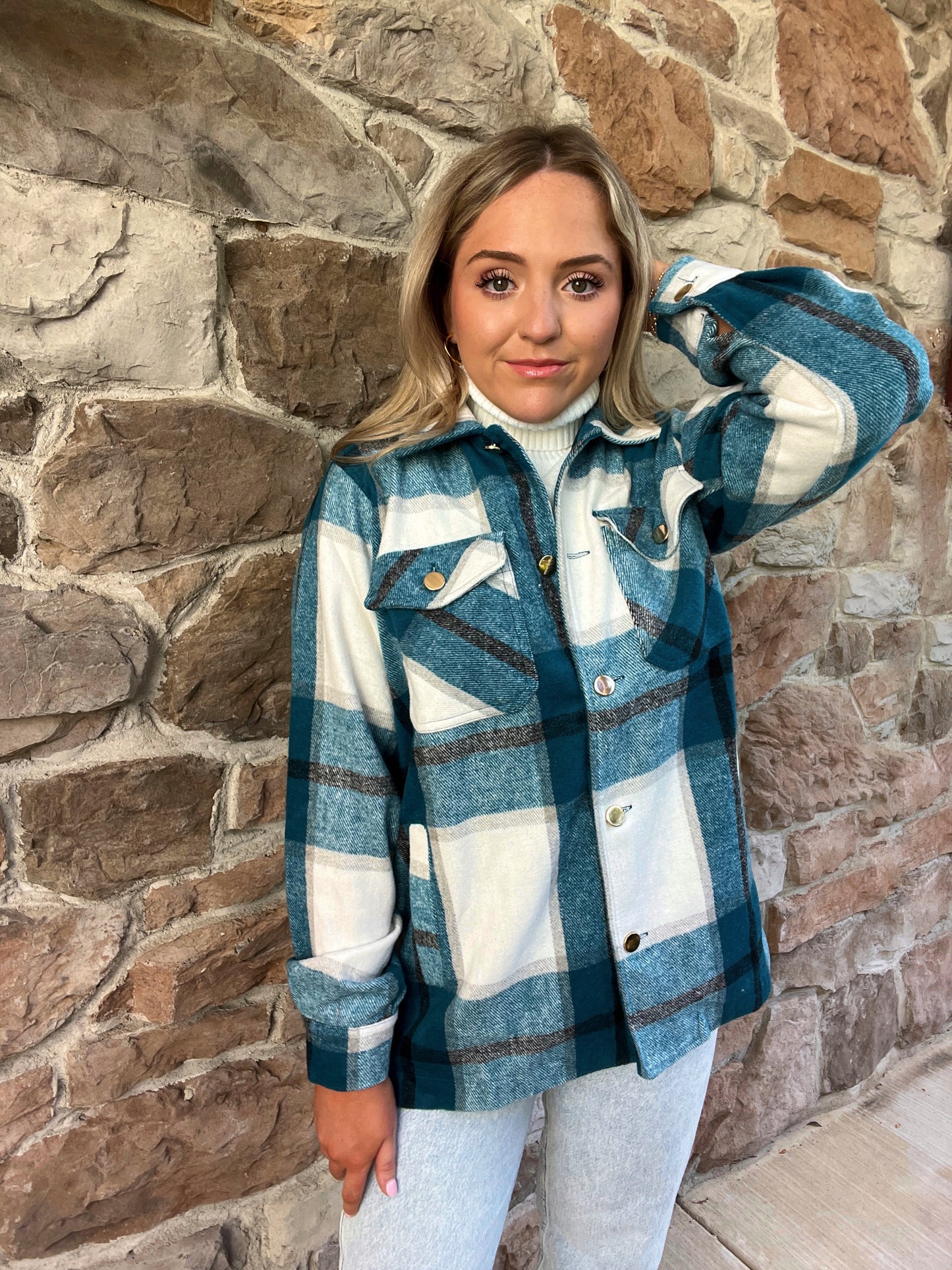 Kenize Plaid Shacket-Teal