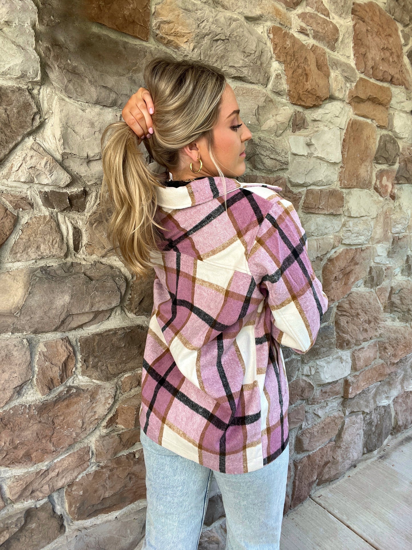 Kenize Plaid Shacket-Pink